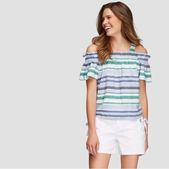 Joe Fresh | Blue Stripe Linen Blend Cold Shldr Top - Picture 1 of 8